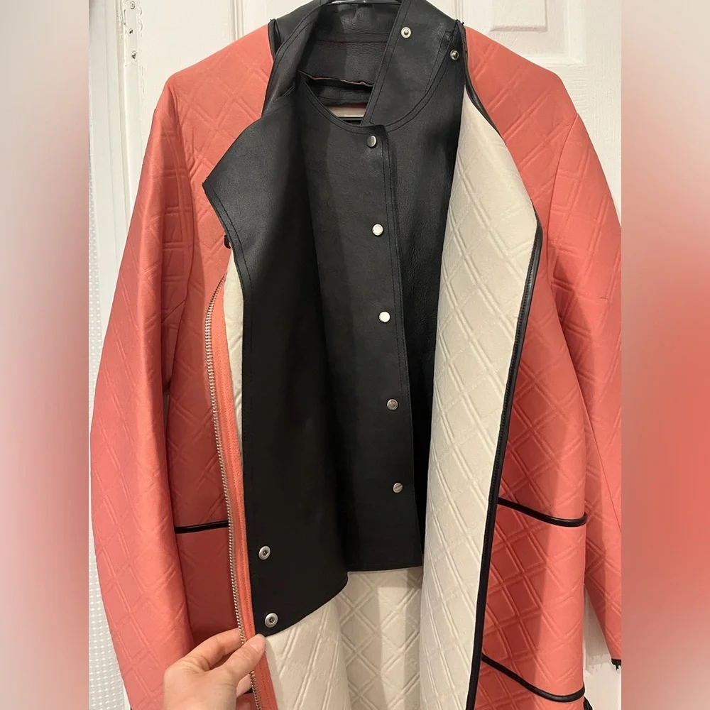 3.1 Phillip Lim Coral and Black Neoprene & Leather Coat - Picture 5 of 13